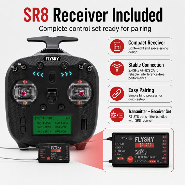 FlySky FS-ST8 transmitter with SR8 receiver, compact receiver module included