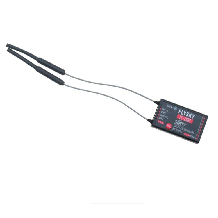 8-channel radio receiver with FlySky label, black case, two antenna wires