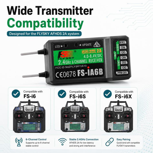 FlySky FS-iA6B 6-channel receiver, front label and right-side channel terminal block