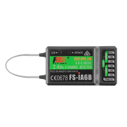 FlySky FS-iA6B 6-channel RC receiver with dual antenna ports, black enclosure