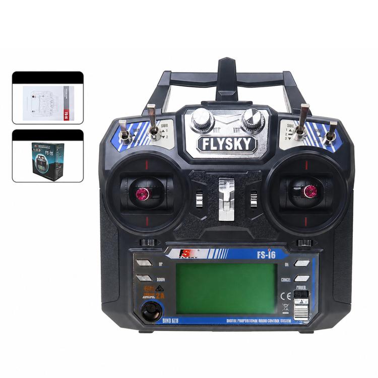 FlySky RC transmitter controller with front LCD screen, two side controls, and top antenna