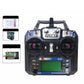 FlySky RC transmitter controller showing green LCD screen and blue FS-16 label