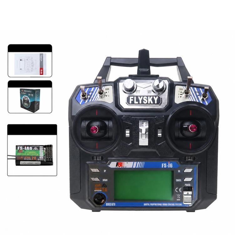 FlySky RC transmitter controller with front panel LCD, side switches, and dual joysticks