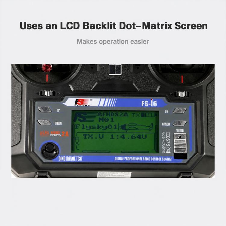 Close-up of FlySky transmitter LCD with green dot-matrix readout