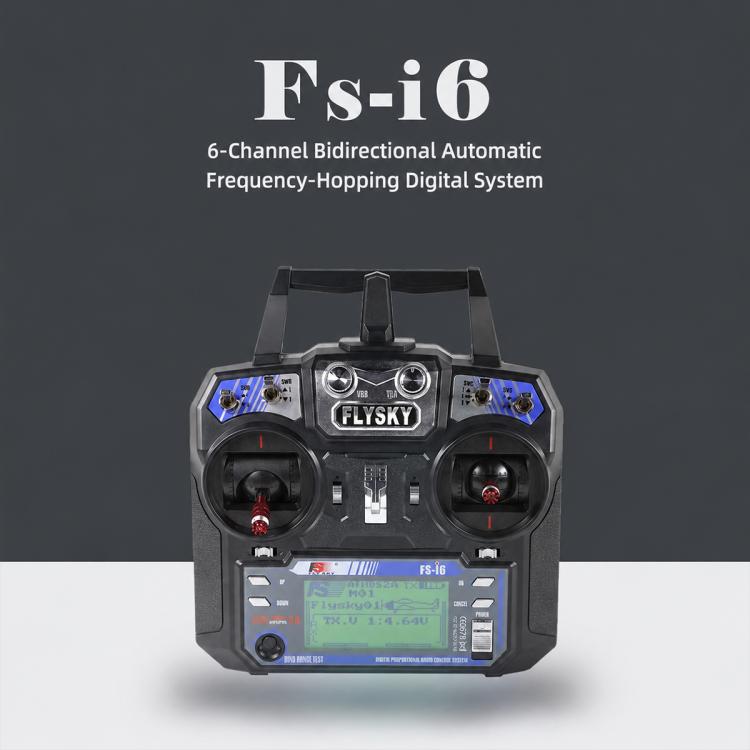 FlySky RC transmitter controller with top antenna, dual thumb sticks, and LCD screen