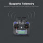 FlySky RC transmitter controller with LCD screen and telemetry signal arc graphic