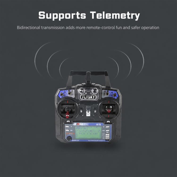 FlySky RC transmitter controller with LCD screen and telemetry signal arc graphic