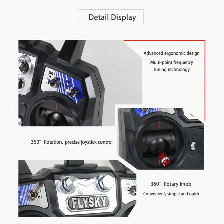 FlySky RC transmitter control panel close-up with dual knobs and 360 rotary knob