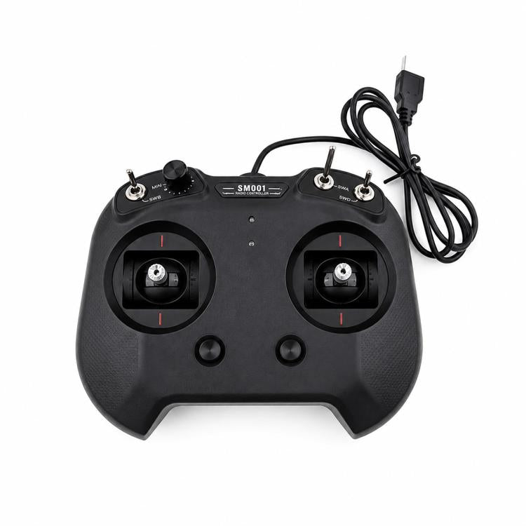 Black RC flight simulator controller with two thumb sticks and wired USB cable