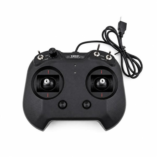 Black RC flight simulator controller with two thumb sticks and wired USB cable