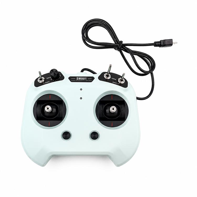Light blue RC flight simulator controller with two thumb sticks and wired cable
