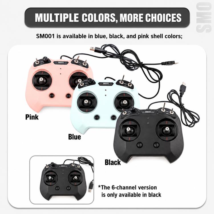 RC flight simulator controller options in pink, blue, and black shells with USB cable