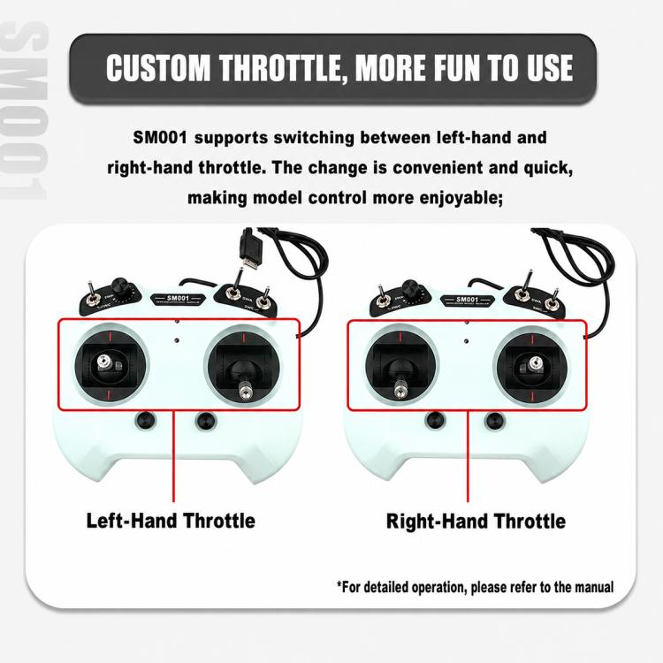 RC flight simulator controller showing left-hand and right-hand throttle modes