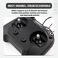 Black RC flight simulator controller close-up with rotary knobs, switches, and USB cable