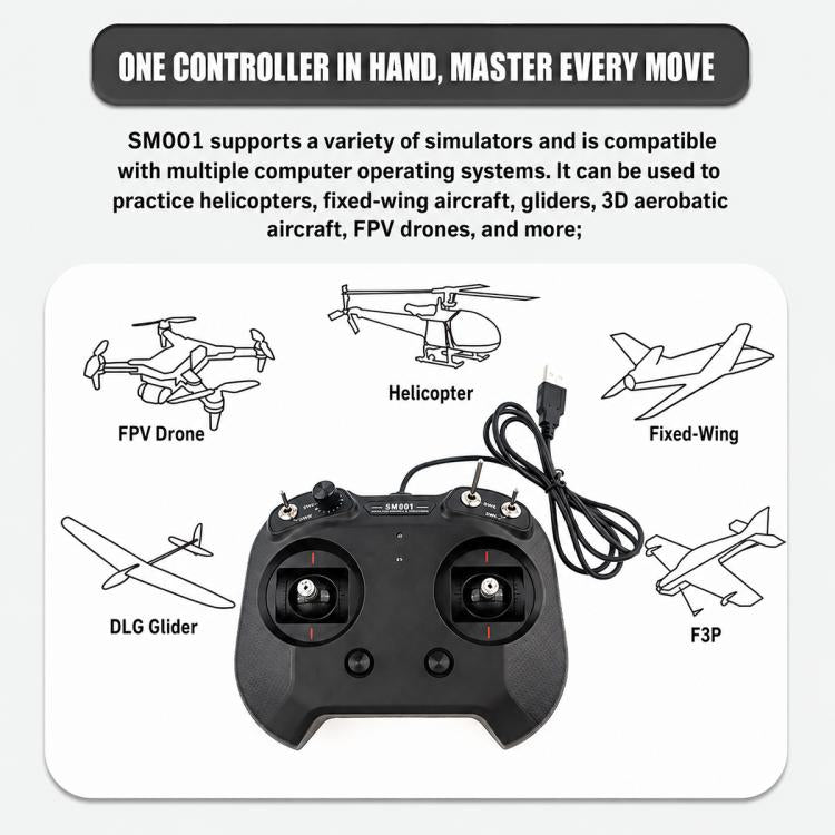 Black RC flight simulator controller with two thumb sticks and attached USB cable