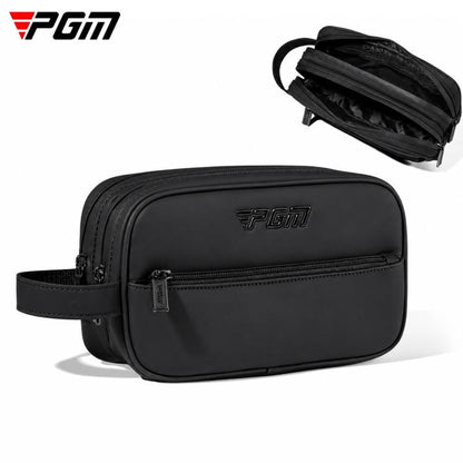 Black PGM water-repellent golf pouch with double-layer front zipper and side strap