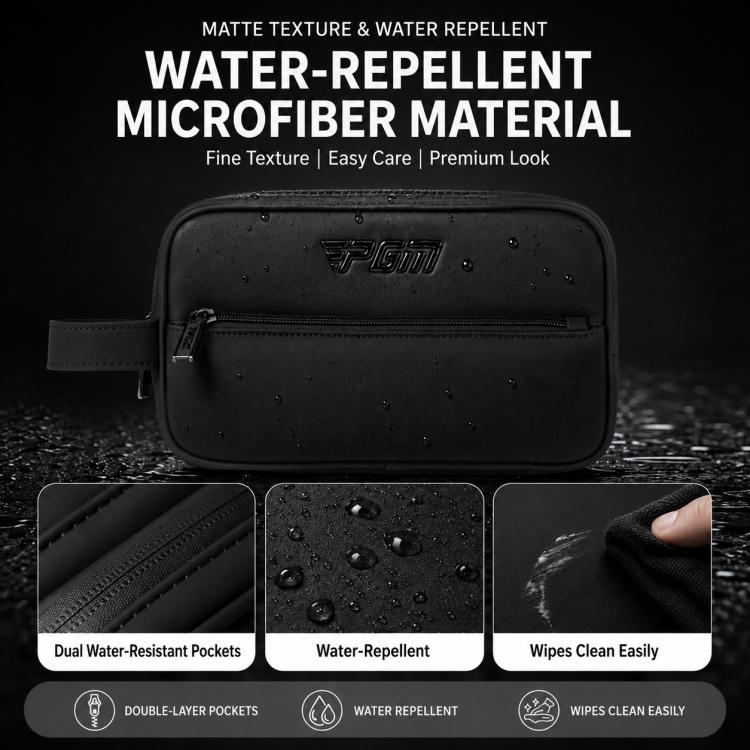 Black PGM water-repellent golf pouch with matte microfiber texture and zip pocket
