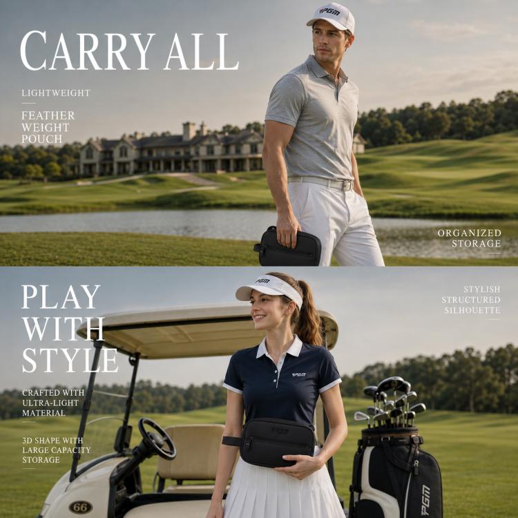 Black PGM golf pouch worn on crossbody strap by golfer on the course