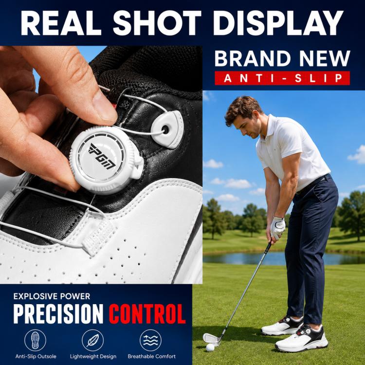 Breathable non-slip golf shoe in white and black, lace and side detail close-up