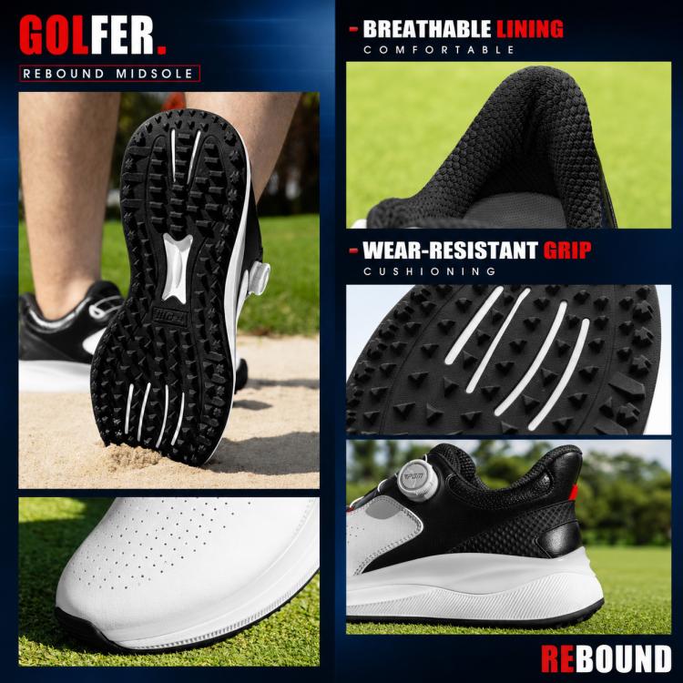 Breathable non-slip golf shoe, black tread sole and white upper side view