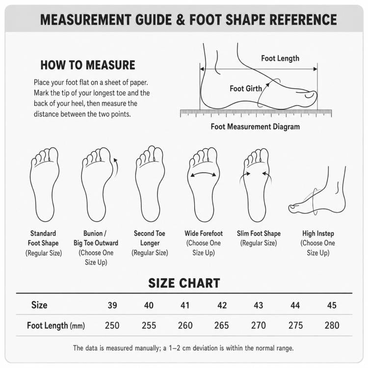Shoe size measurement guide chart with foot length and foot girth reference