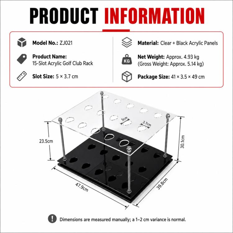 PGM clear-top black acrylic golf club rack with 15 slots and four metal feet