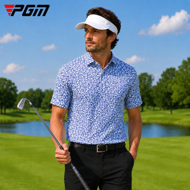 Men's blue-and-white printed golf polo shirt with stretch fit and short sleeves