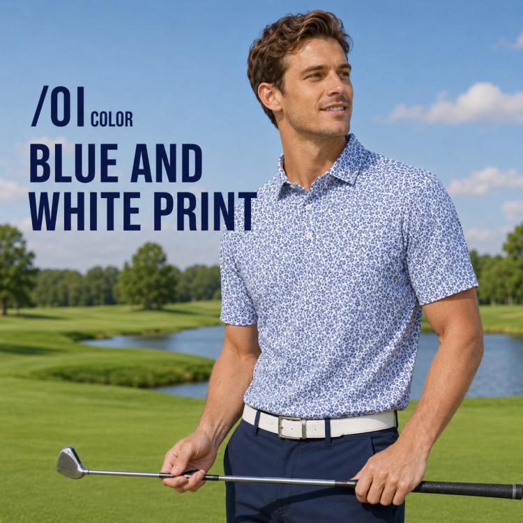 Men's blue-and-white print golf polo shirt with collar and short sleeves