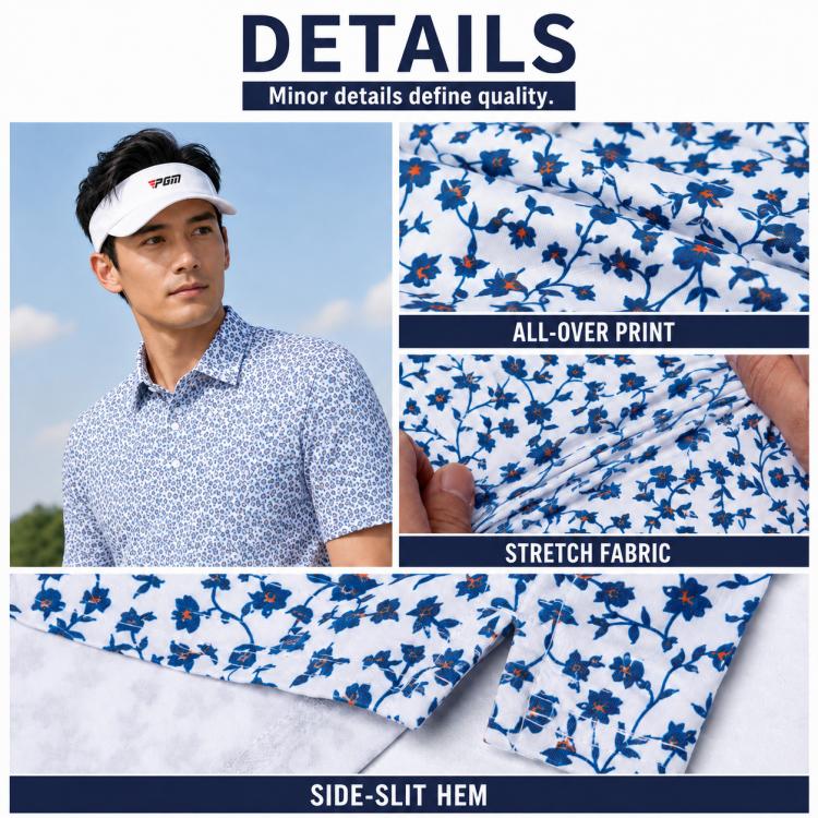 Blue-and-white all-over floral print polo with side-slit hem detail