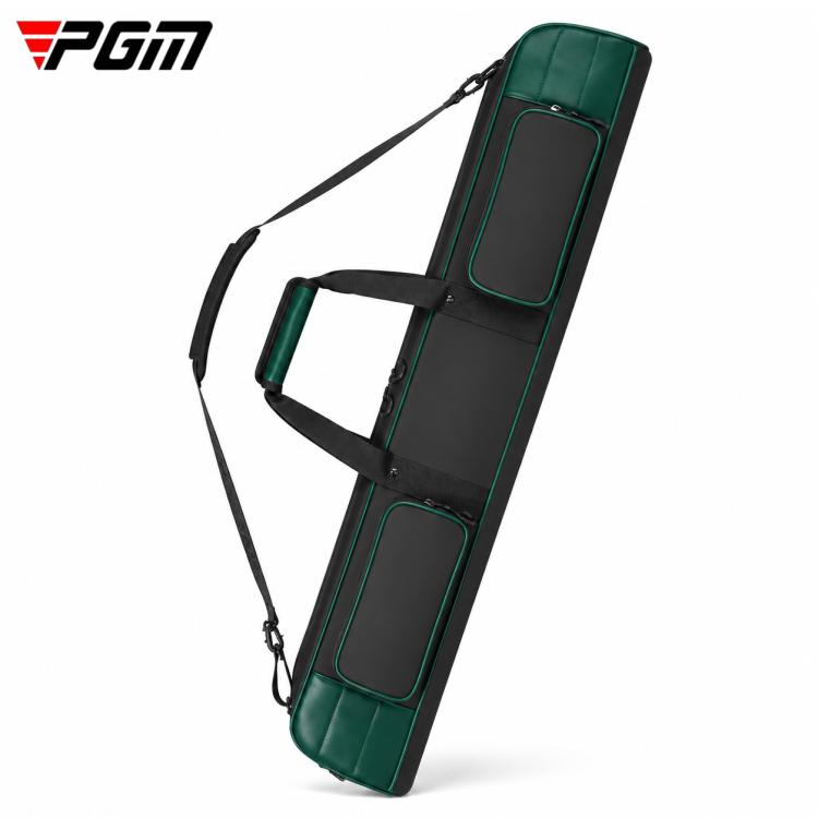 Green and black water-repellent park golf club bag with shoulder strap and padded handle.