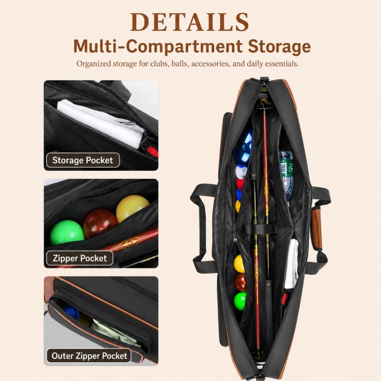 Park golf club bag with multi-compartment storage, open view showing pockets and dividers.