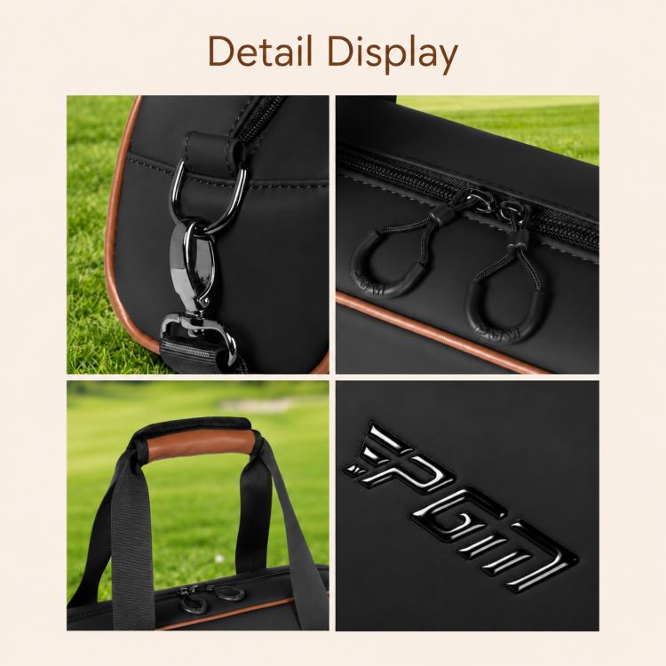 Park golf club bag detail with keyring clasp, zipper pulls, and logo on microfiber surface.