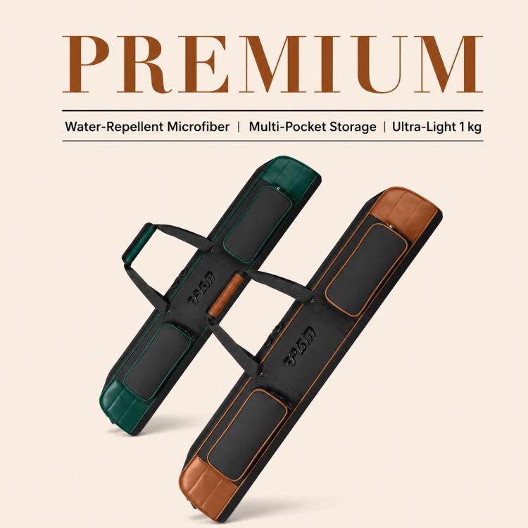 Park golf club bag shown in green/black and orange/black with padded top pockets.