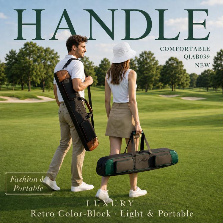 Portable park golf club bag carried outdoors, showing green and black color-block design.