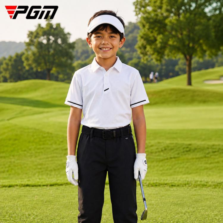 PGM boys short-sleeve golf polo shirt, white with dark trim