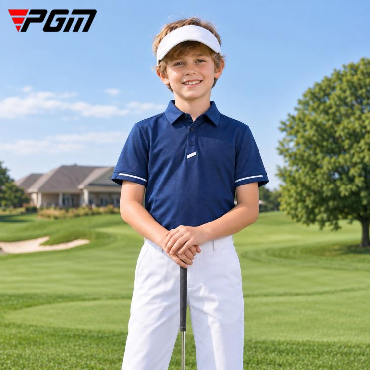PGM boys short-sleeve golf polo shirt, navy blue polo with contrast logo