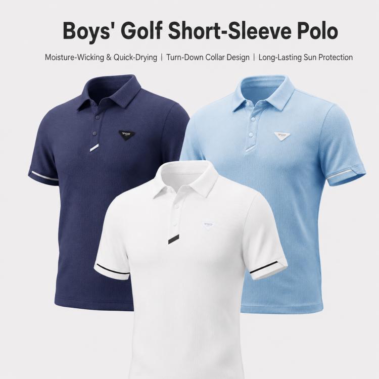 Boys short-sleeve golf polo shirts, navy, light blue, and white, button-front collars