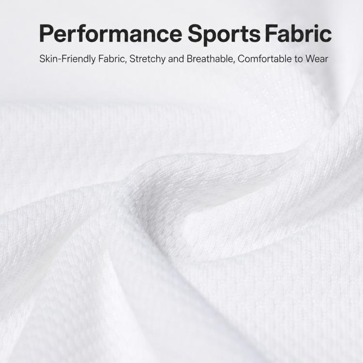 White performance polo fabric close-up with breathable, textured knit surface