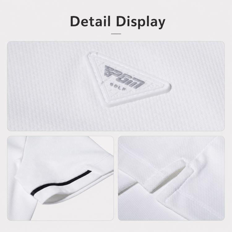 White polo shirt detail showing woven logo patch and black-trim collar seam