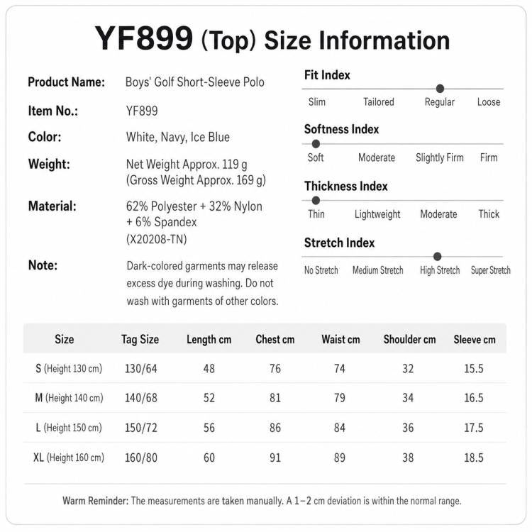 Boys polo size information chart with measurements for length, chest, and sleeve