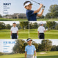 Boys golf polo shirts in navy and ice blue, worn on the course with cap