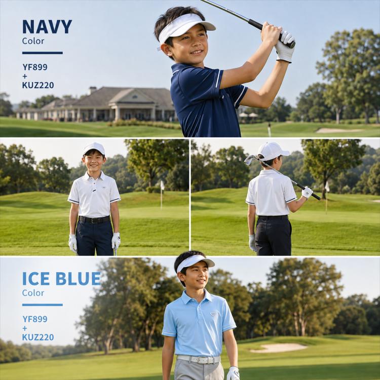 Boys golf polo shirts in navy and ice blue, worn on the course with cap