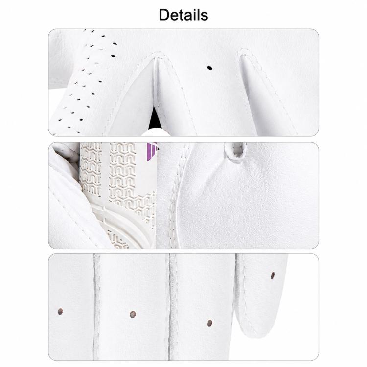 White kids golf glove detail of textured grip and breathable finger perforations