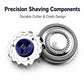 Rotary shaver shaving components: cutter and perforated metal head ring