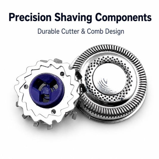 Rotary shaver shaving components: cutter and perforated metal head ring