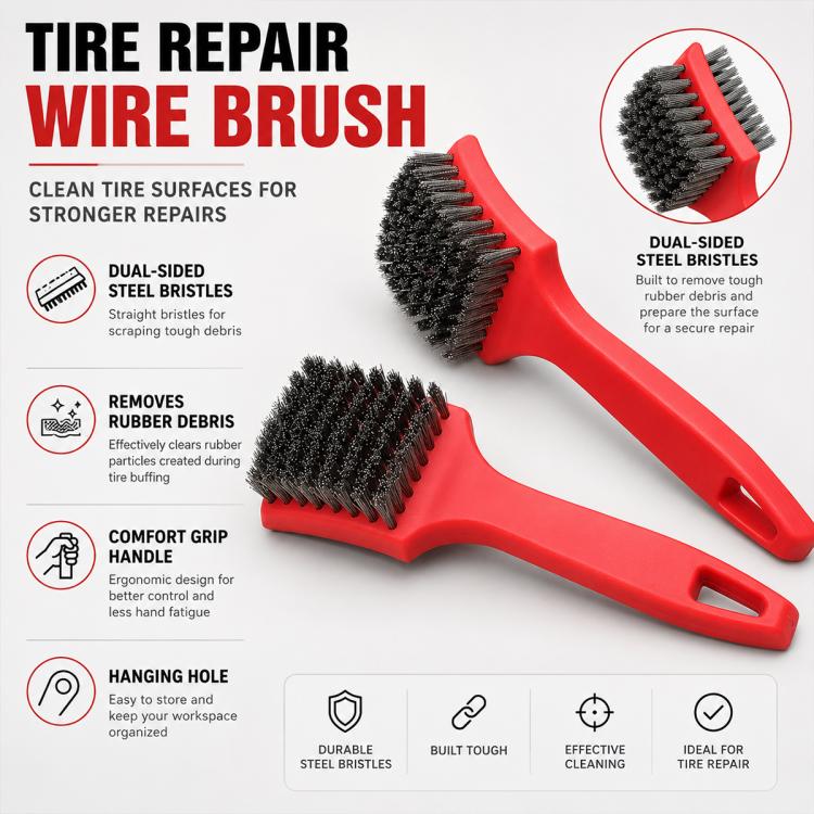 Dual-sided tire repair wire brush with steel bristles and red handle