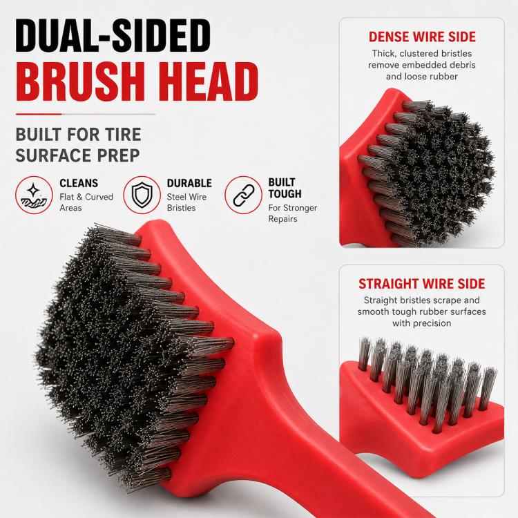 Dual-sided brush head tire repair wire brush with straight and dense steel bristles