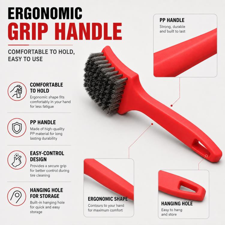 Ergonomic tire repair wire brush with red PP handle and steel bristles