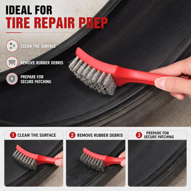 Tire repair prep wire brush with red handle scrubbing a tire surface
