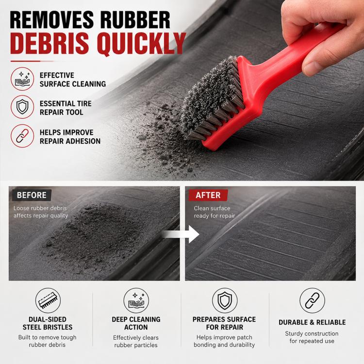 Tire repair wire brush with red handle and steel bristles removing rubber debris